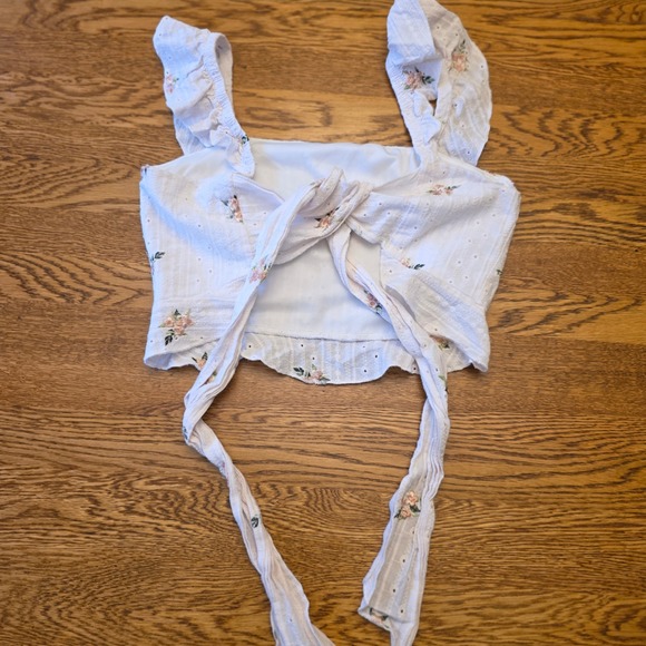 Cottage Core S White Floral Embroidered Ruffle Crop Top Square Neck Tie Back - Picture 8 of 11